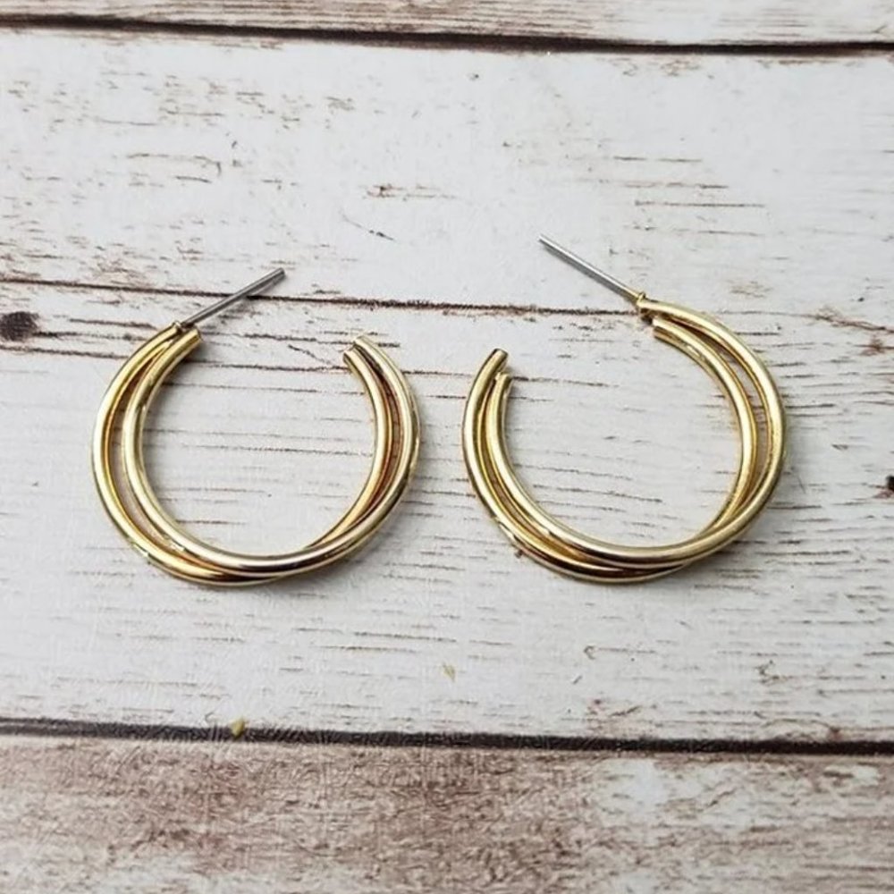 Vintage Earrings For Pierced Ears - Gold Tone Double Hoop